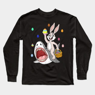 Easter Bunny Riding Shark Funny Eggs Basket Boys Girls Kids Long Sleeve T-Shirt